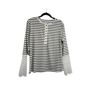 Womens Black White Striped Henley Long Crochet Lace Sleeves Boho Top Shirt Sz L
